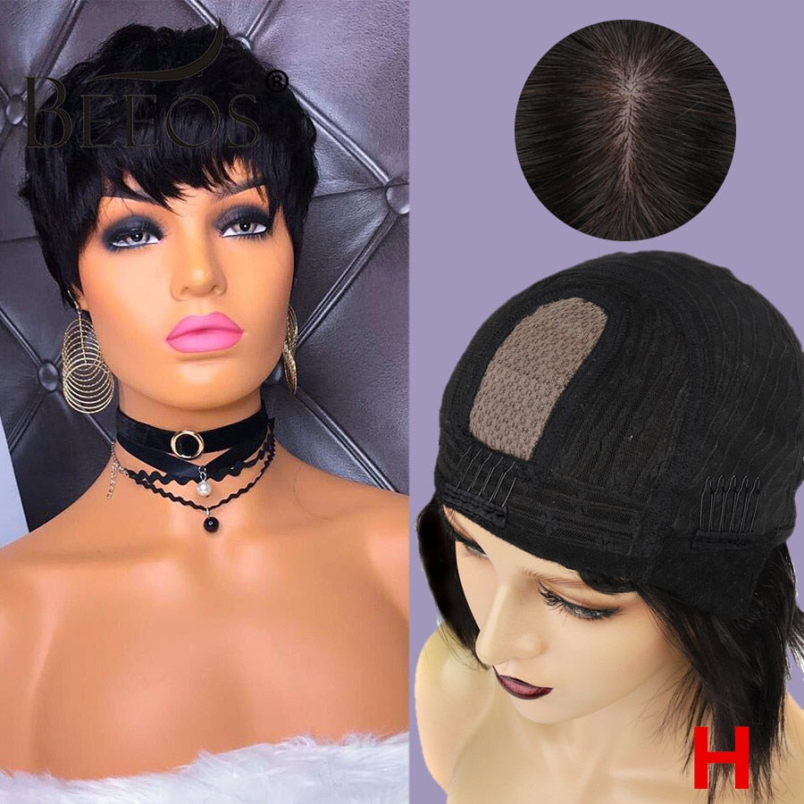 Beeos 150%  2*4 Silk Base Straight Pixie Cut Full Machine Wigs With Bangs Glueless Brazilian Remy Hair Natural Color Remy Hair